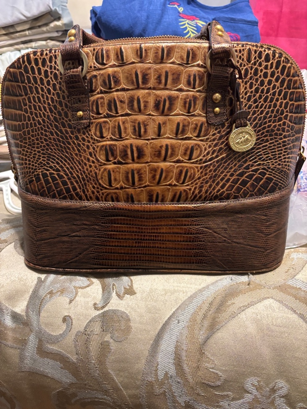 Brahmin Brown Croc-Embossed Satchel with Gold Accent